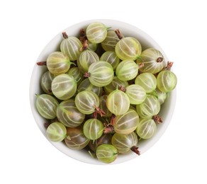 Photo of Bowl full of ripe gooseberries isolated on white, top view