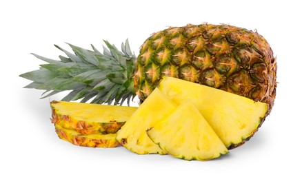 Photo of Whole and cut ripe pineapples isolated on white