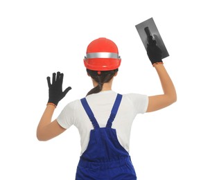 Professional worker with putty knife on white background, back view