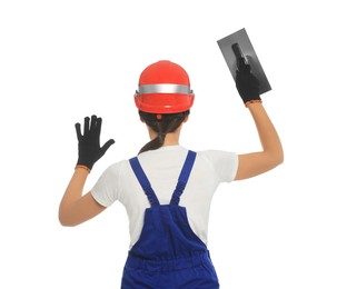 Photo of Professional worker with putty knife on white background, back view