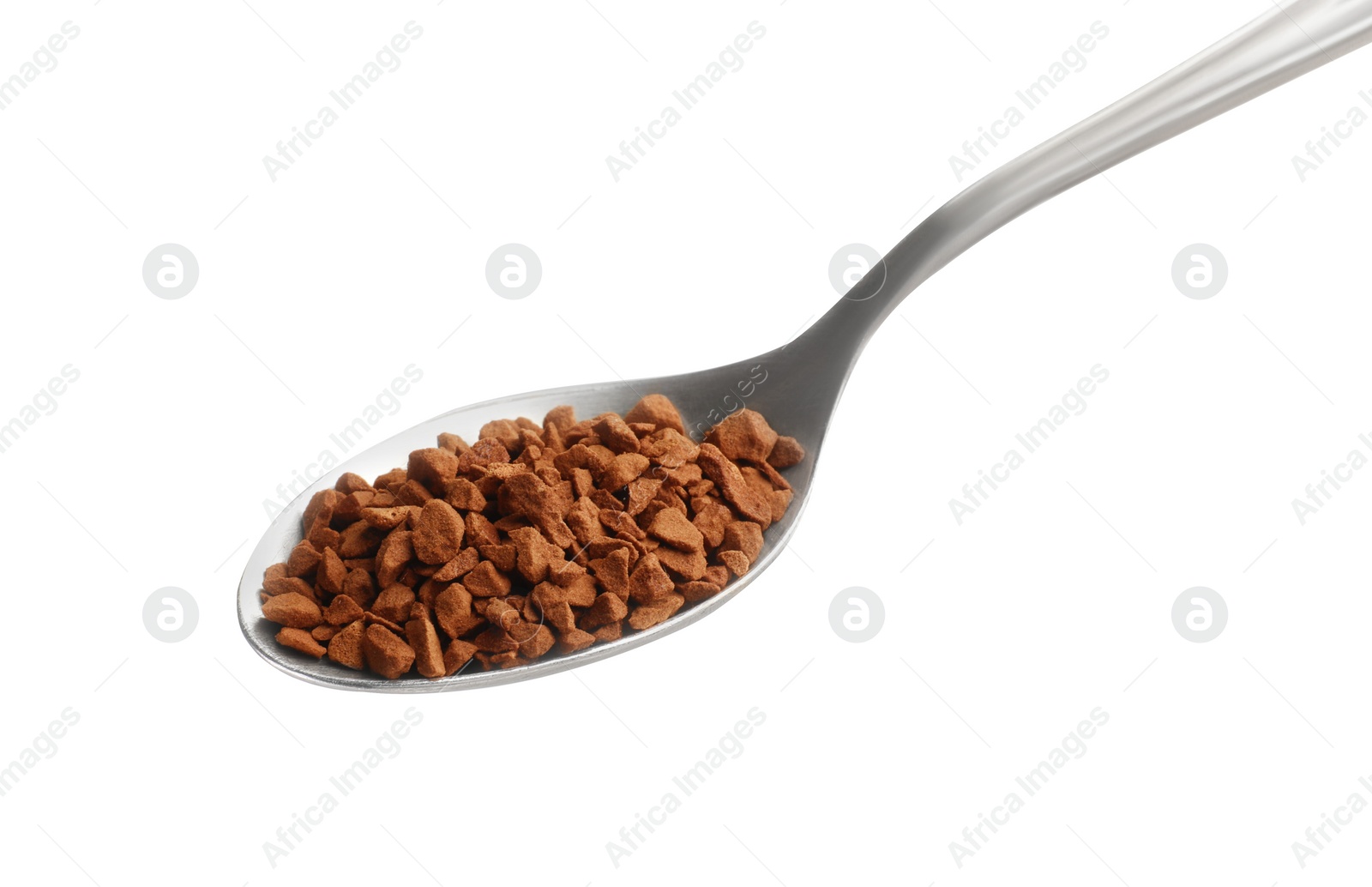Photo of Spoon with aromatic instant coffee isolated on white