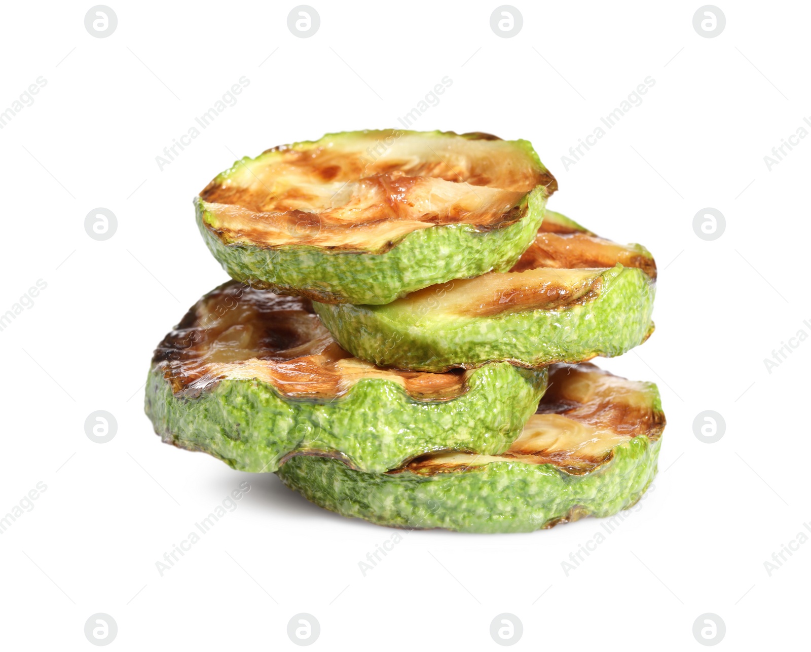 Photo of Slices of delicious grilled zucchini isolated on white