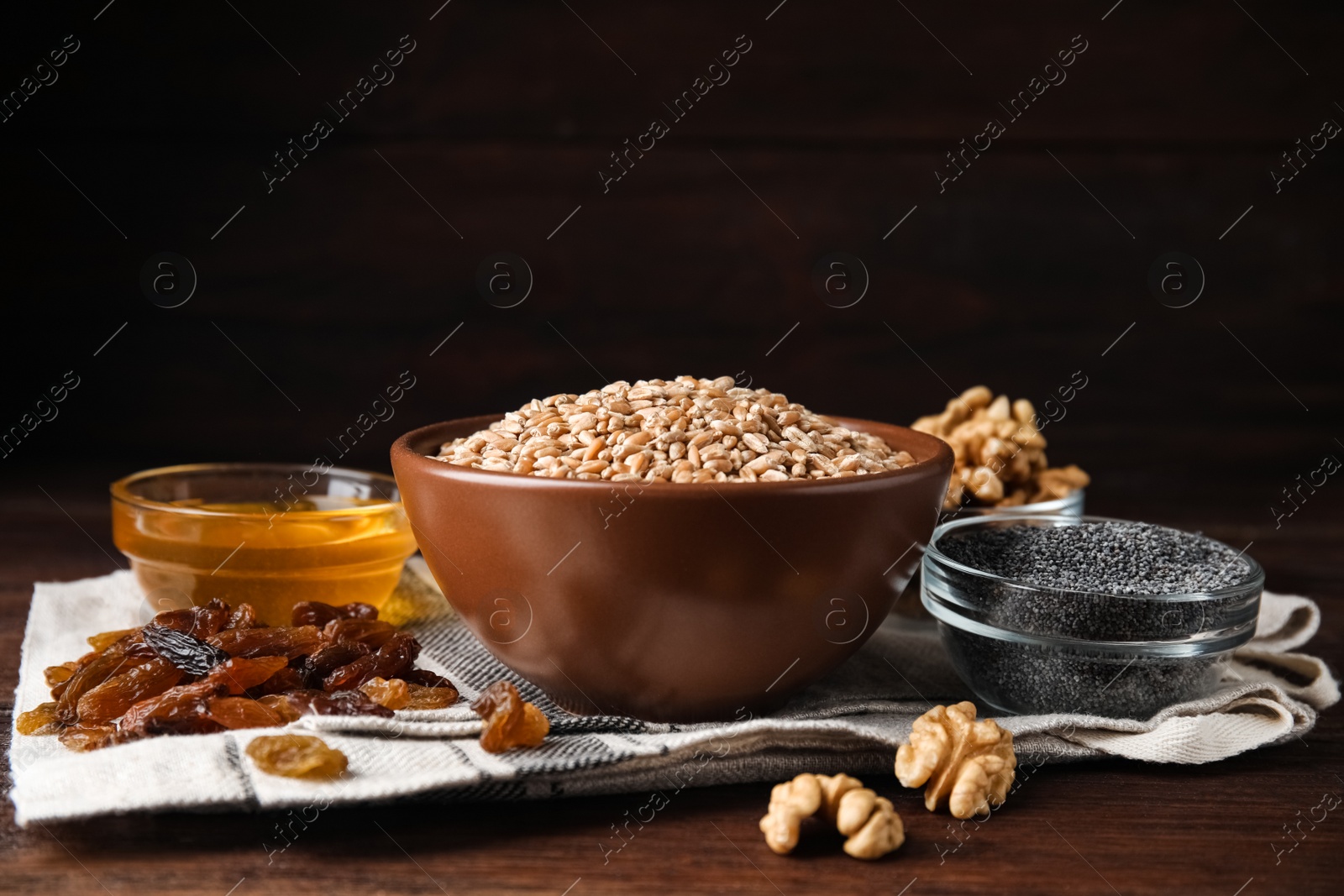 Photo of Ingredients for traditional kutia on wooden table