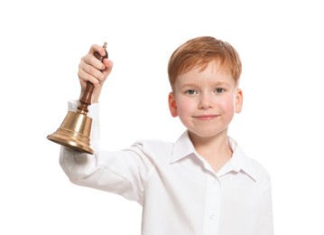 Photo of Pupil with school bell on white background