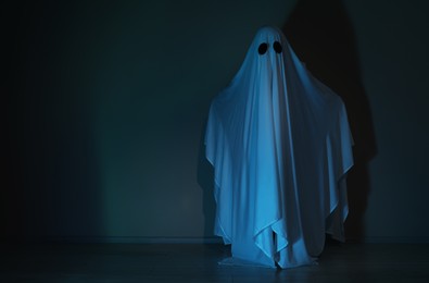 Photo of Creepy ghost. Woman covered with sheet in color light, space for text