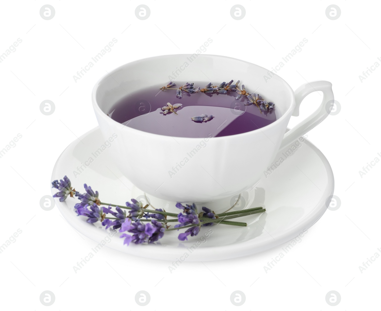 Photo of Fresh delicious tea with lavender and beautiful flowers isolated on white