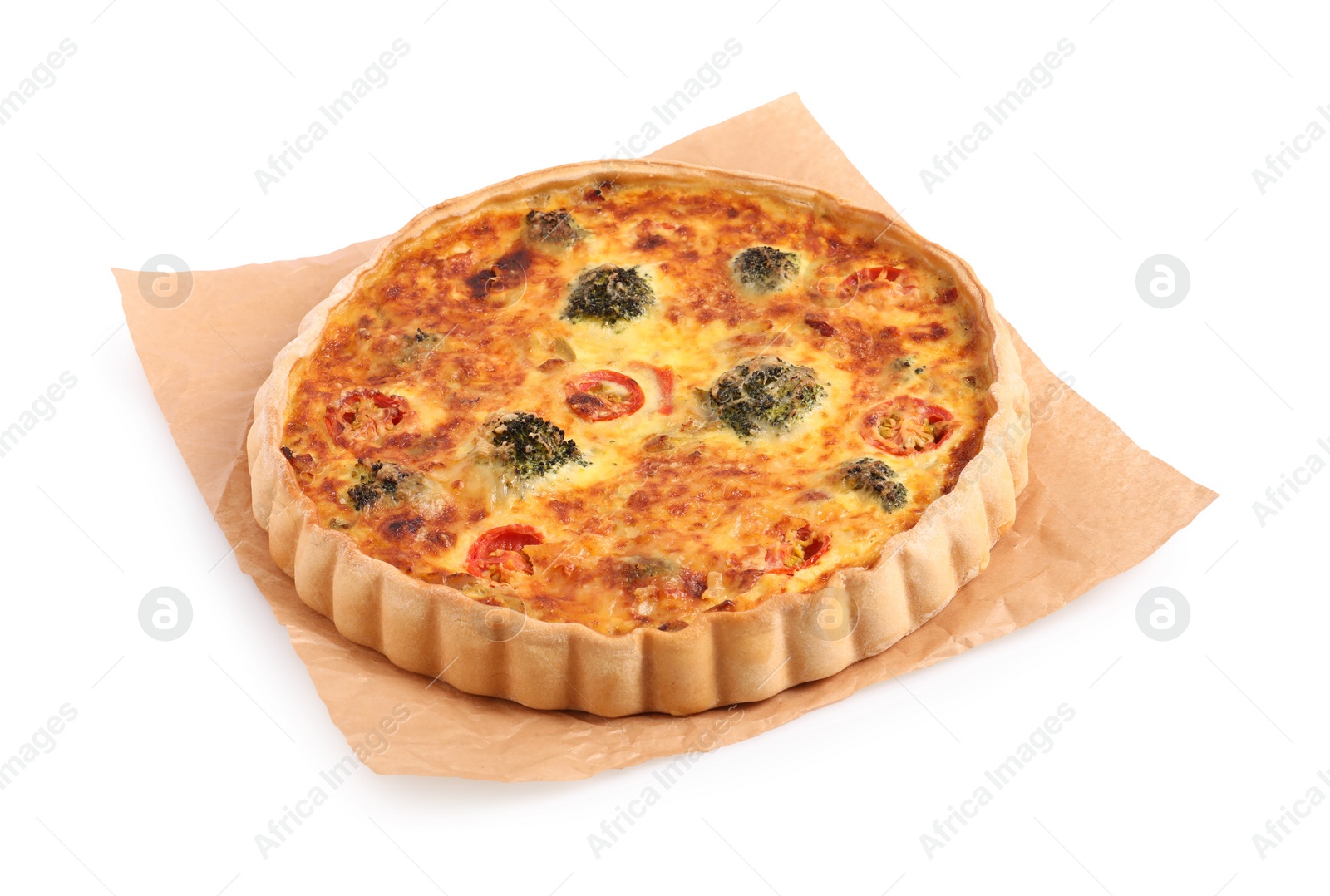 Photo of Delicious homemade vegetable quiche isolated on white