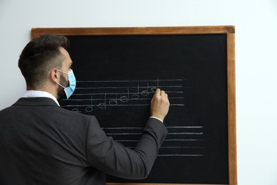 Teacher in protective mask writing music notes with chalk on blackboard