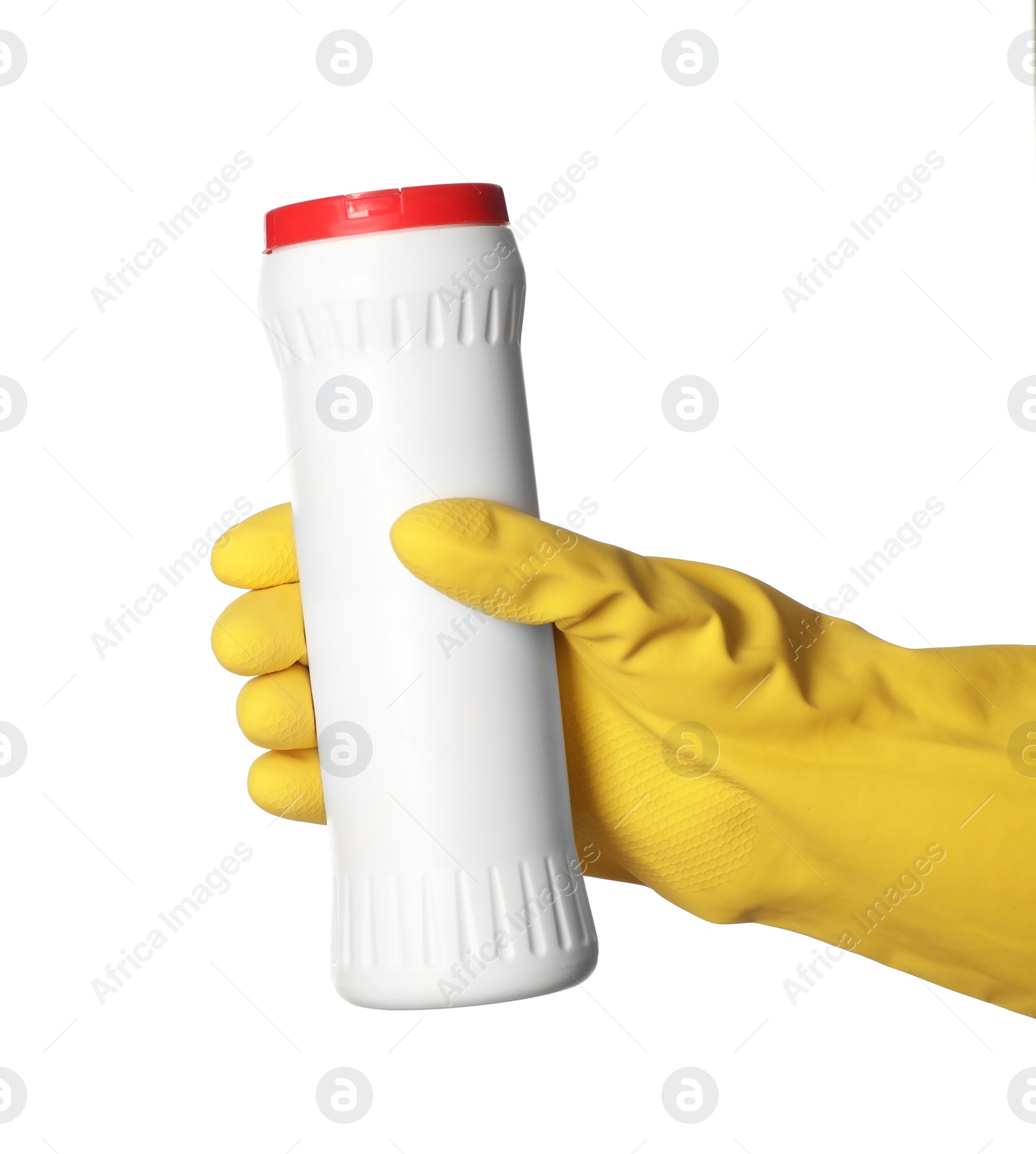 Photo of Woman holding bottle of toilet cleaning powder on white background, closeup