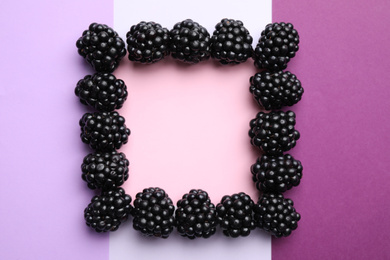 Photo of Frame of ripe blackberries on color background, flat lay. Space for text