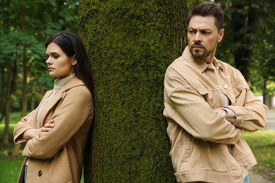 Photo of Upset arguing couple near tree in park. Relationship problems
