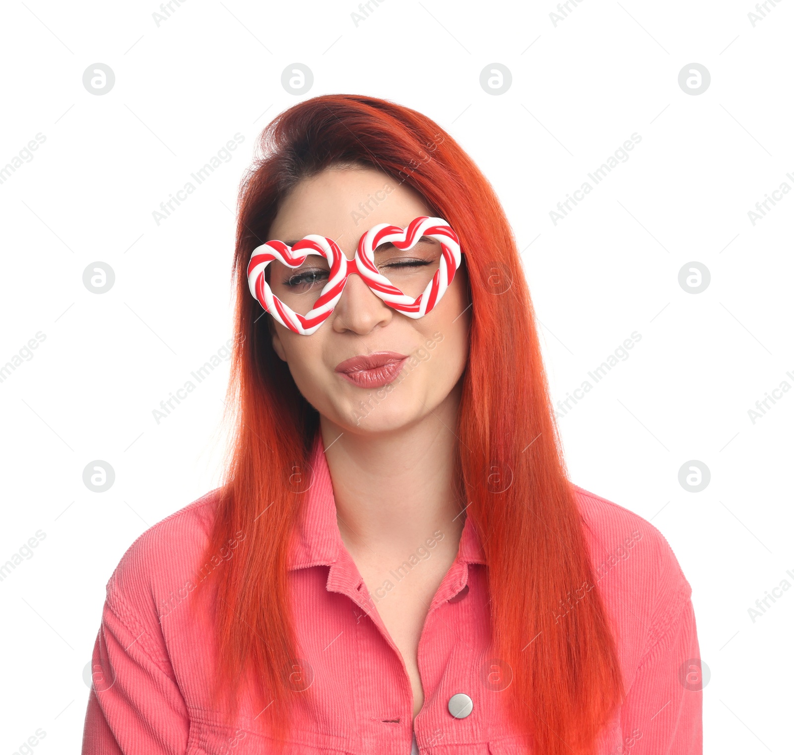 Photo of Young woman with bright dyed hair on white background