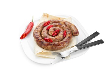 Delicious homemade sausage with chili pepper, lavash and cutlery isolated on white