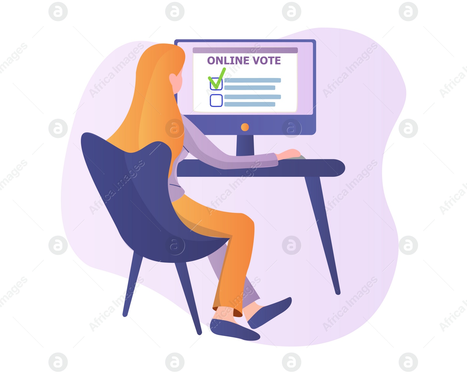 Illustration of  woman using computer for online voting on white background