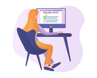 Illustration of  woman using computer for online voting on white background