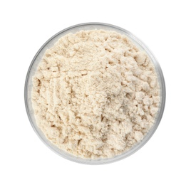 Photo of Bowl of sesame flour isolated on white, top view