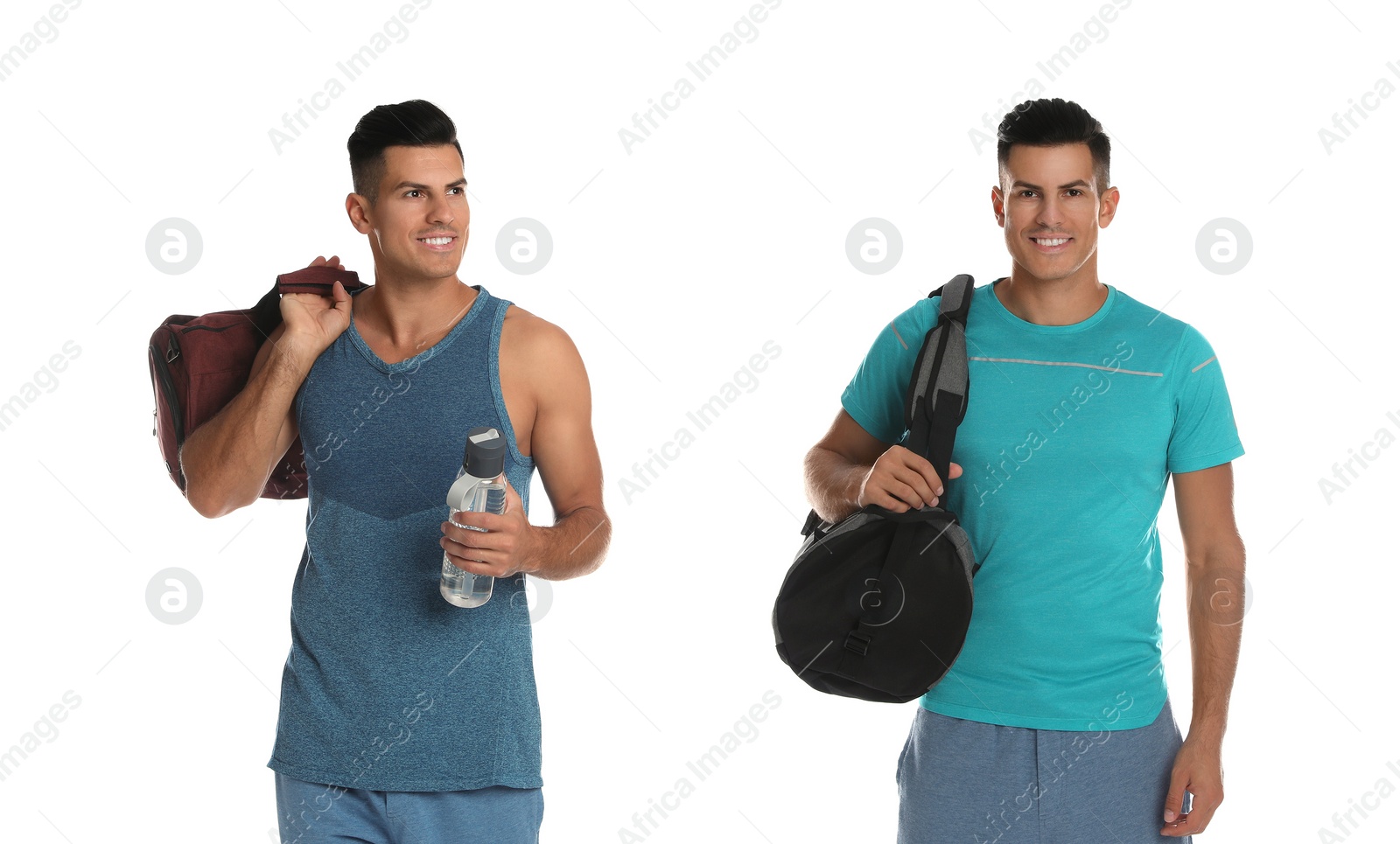 Image of Man with sports bag on white background, collage Banner design