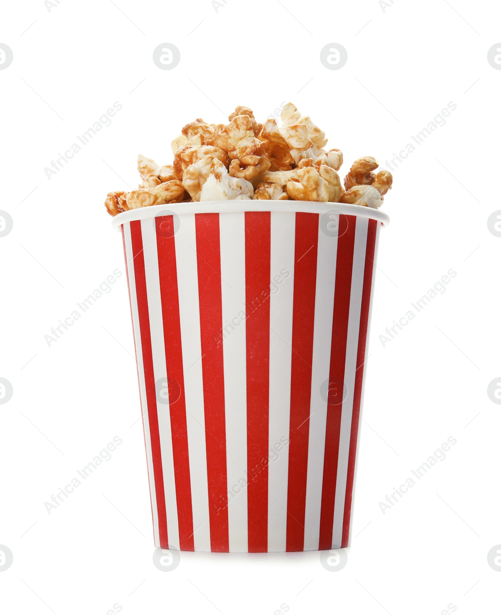 Photo of Carton cup with delicious fresh popcorn on white background