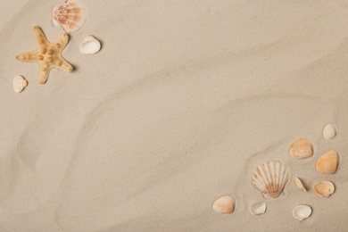 Flat lay composition with sea shells, starfish and space for text on beach sand