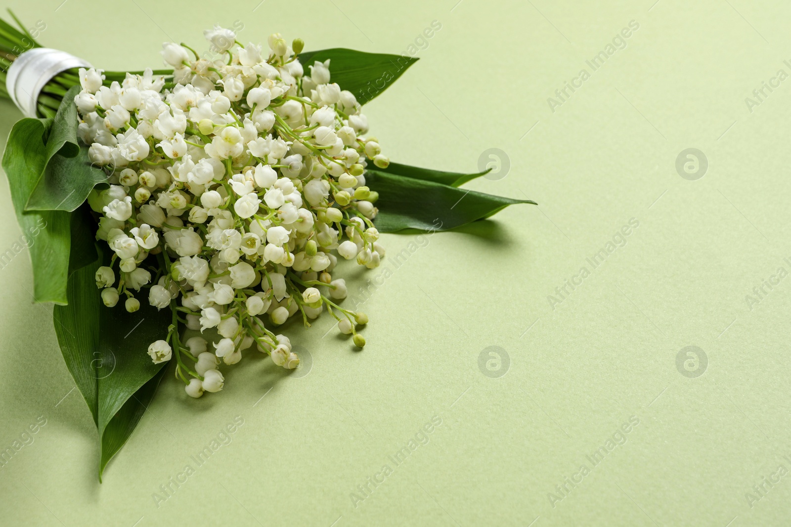 Photo of Beautiful lily of the valley bouquet on light green background, closeup. Space for text