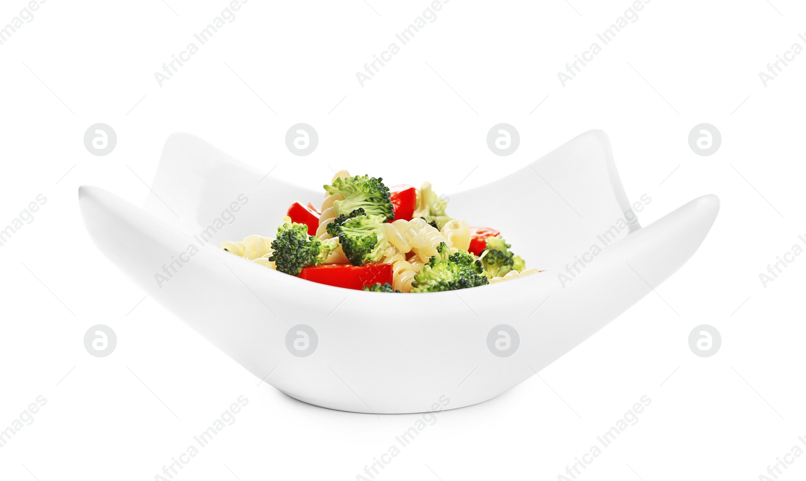 Photo of Tasty pasta salad with fresh vegetables on white background