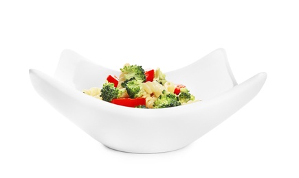 Photo of Tasty pasta salad with fresh vegetables on white background