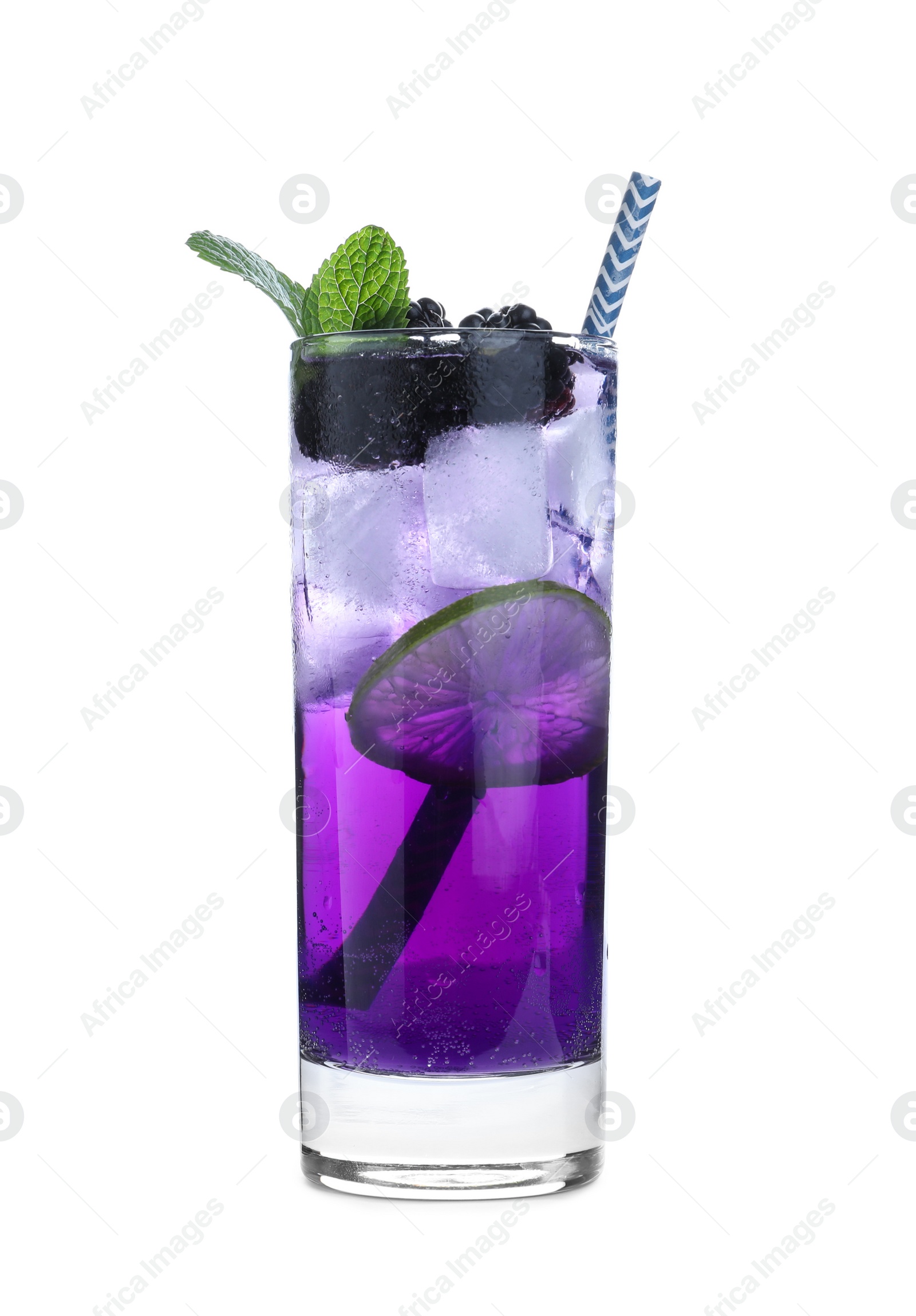 Photo of Delicious blackberry lemonade made with soda water isolated on white