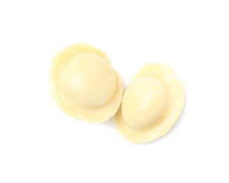 Photo of Boiled dumplings on white background, top view