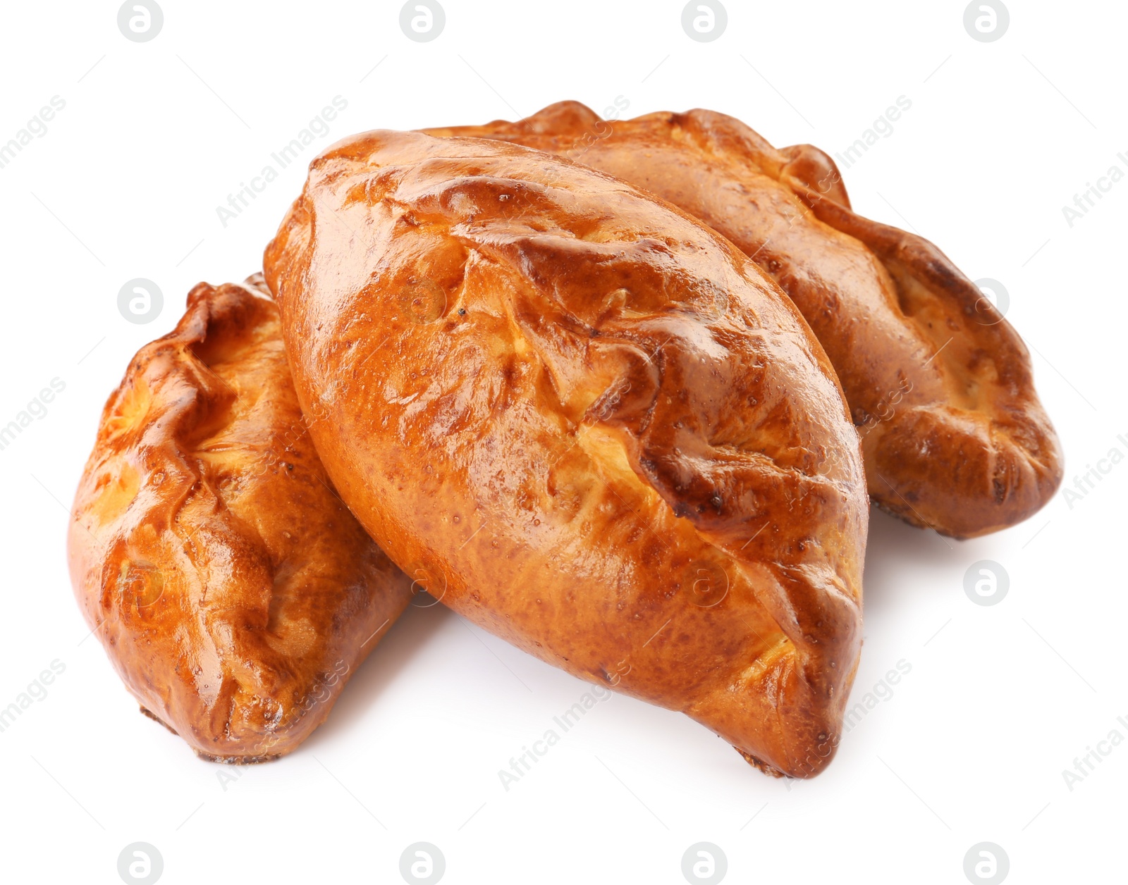 Photo of Many delicious baked patties on white background