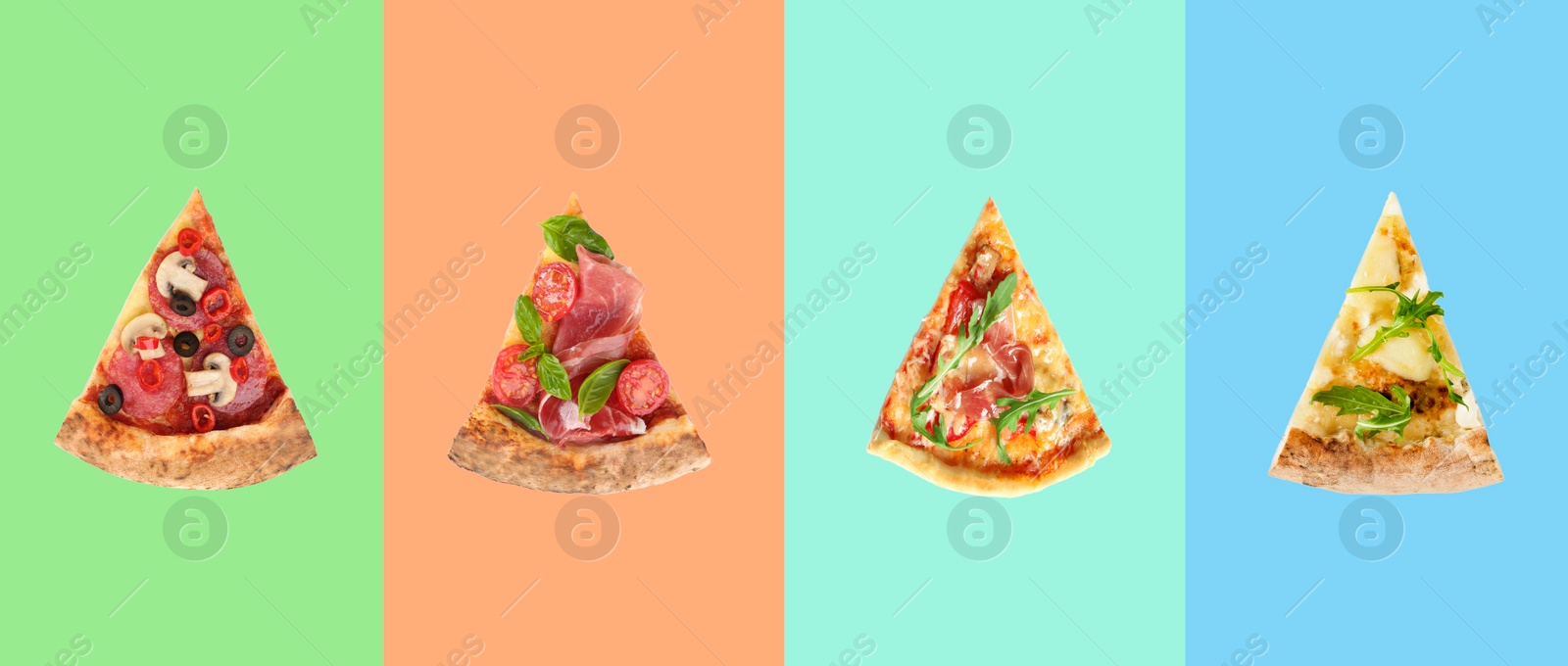 Image of Set with slices of delicious pizzas on different color backgrounds, top view. Banner design