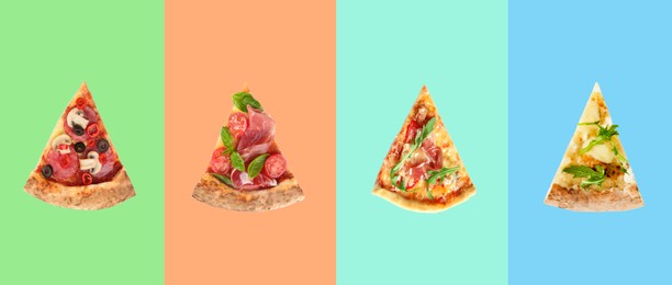 Set with slices of delicious pizzas on different color backgrounds, top view. Banner design