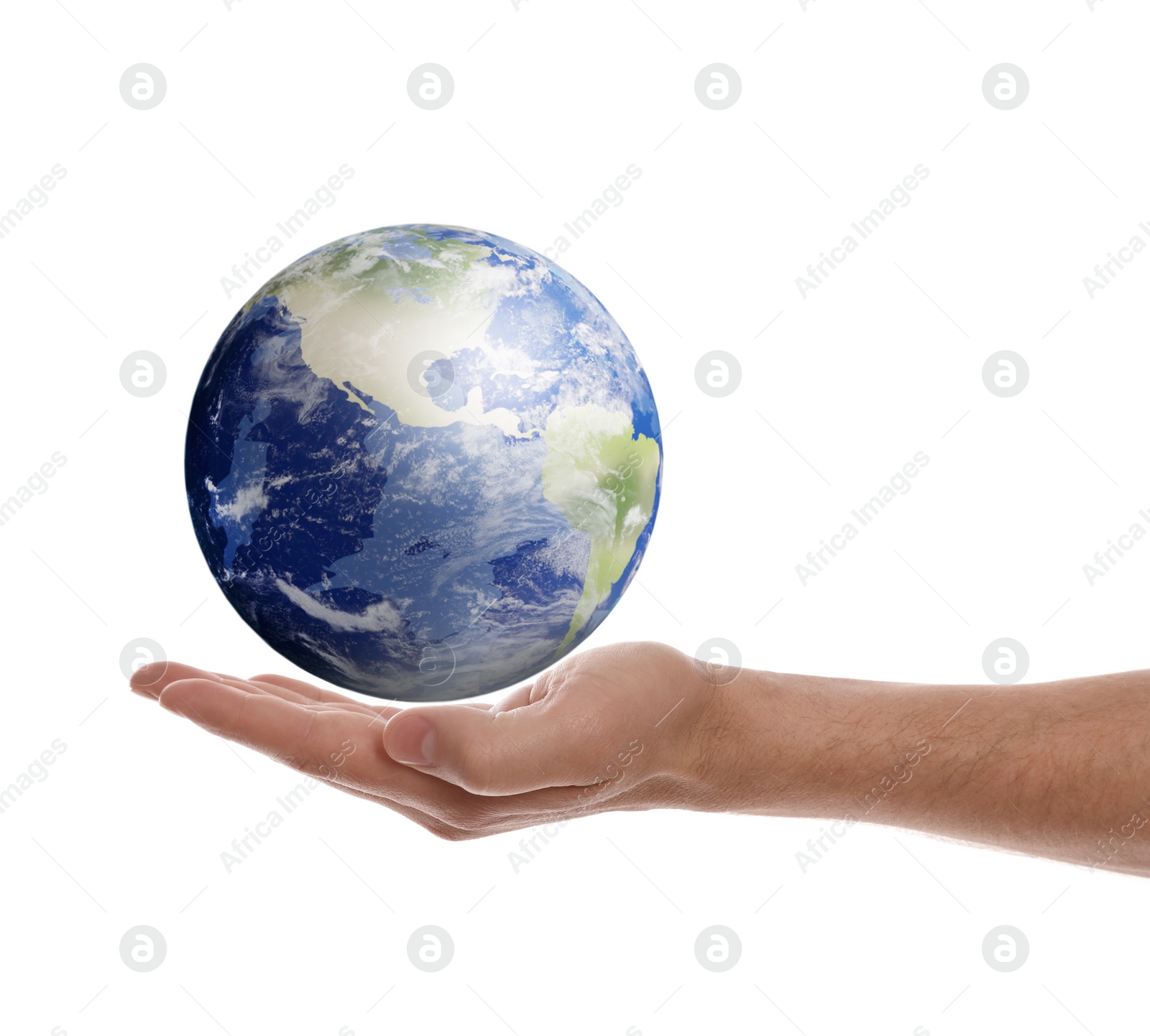 Image of World in our hands. Man holding digital model of Earth on white background, closeup view 