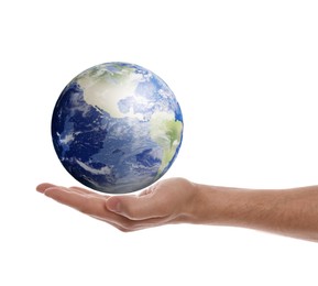 Image of World in our hands. Man holding digital model of Earth on white background, closeup view 
