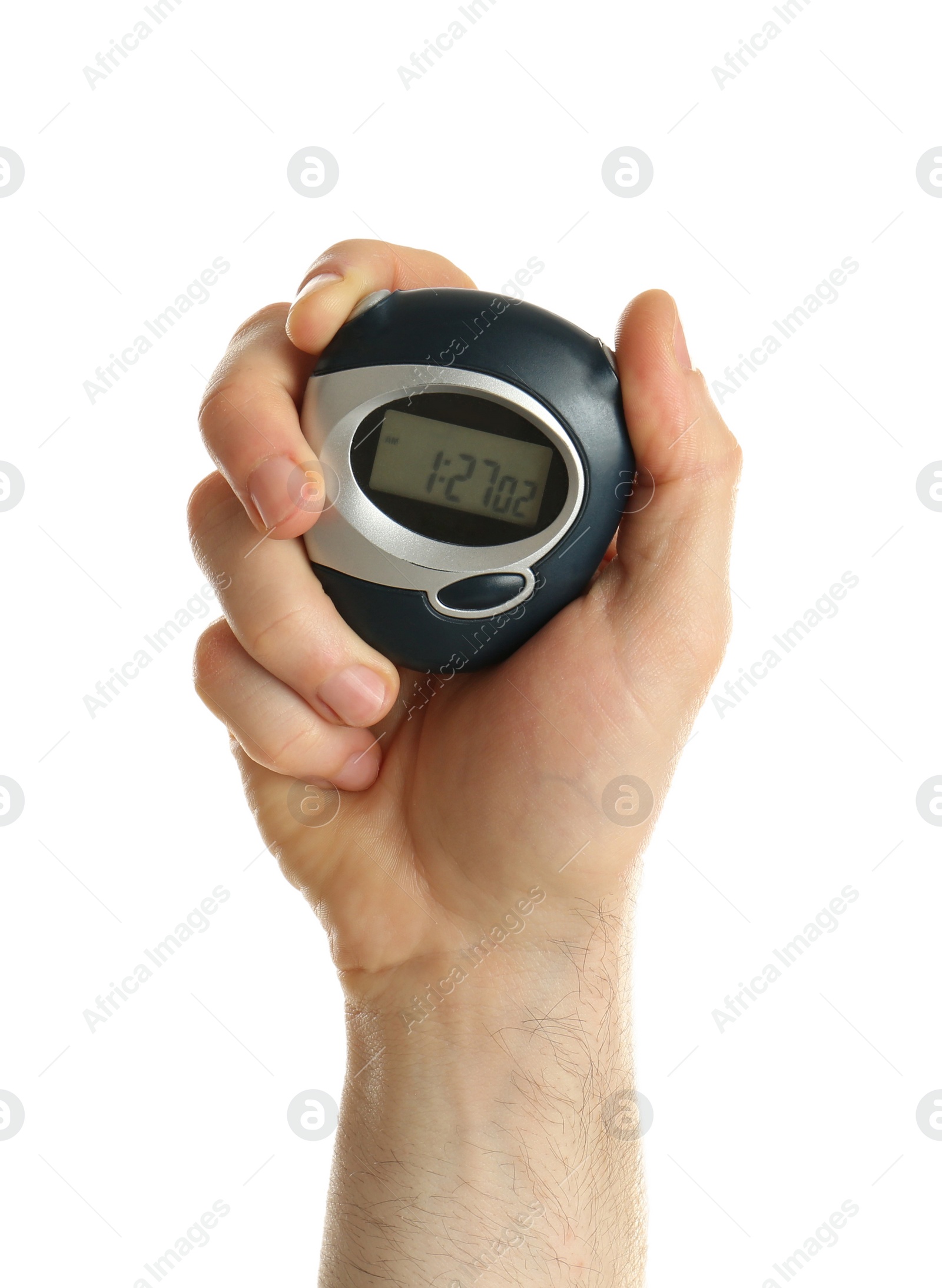 Photo of Man holding digital timer on white background, closeup