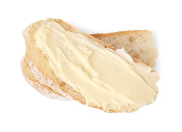Slices of tasty bread with butter isolated on white, top view