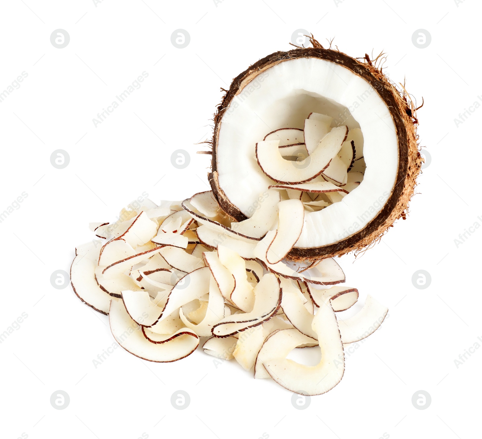 Photo of Coconut with tasty chips isolated on white