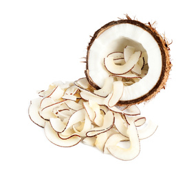 Photo of Coconut with tasty chips isolated on white