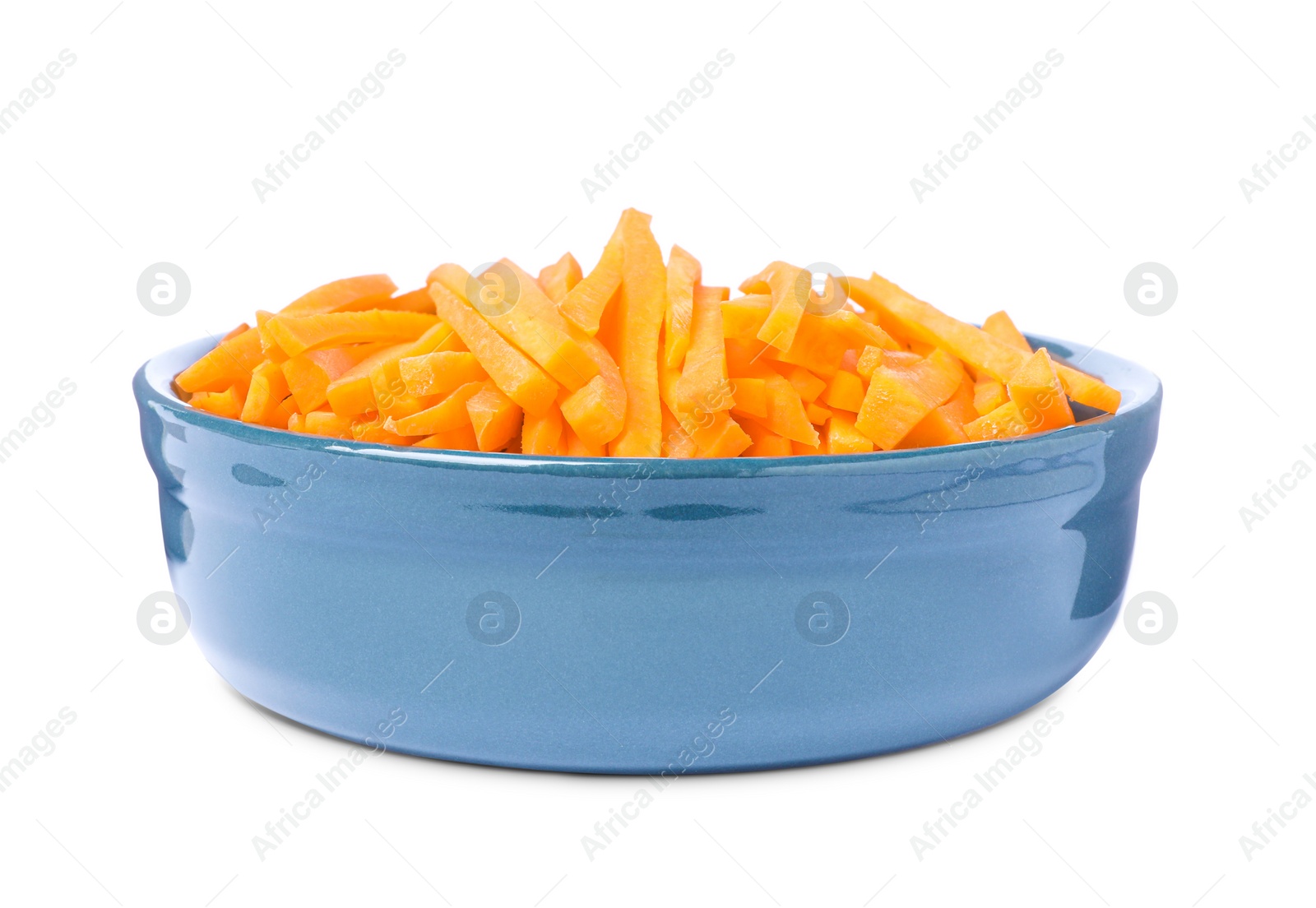 Photo of Bowl of delicious carrot sticks isolated on white