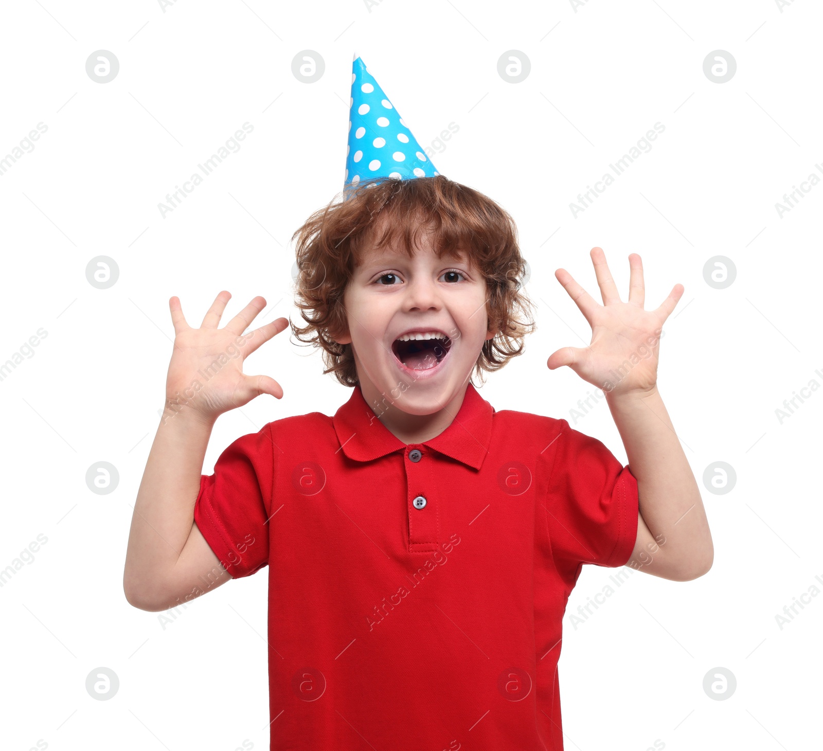 Photo of Emotional little boy in party hat on white background