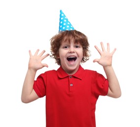 Emotional little boy in party hat on white background