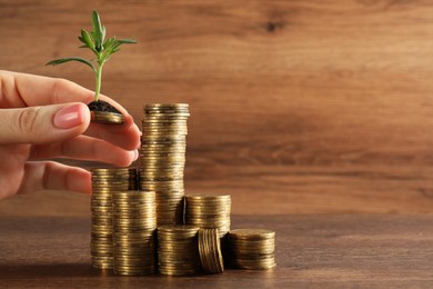 Photo of Woman putting coin onto stack with green sprout at wooden table, closeup and space for text. Investment concept