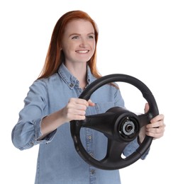 Photo of Happy young woman with steering wheel on white background