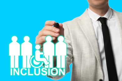 Image of Concept of DEI - Diversity, Equality, Inclusion. Businessman pointing at virtual image of people and person with disability on turquoise background
