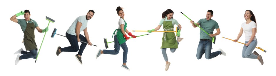 Image of Collage with photos of happy people with brooms on white background. Banner design