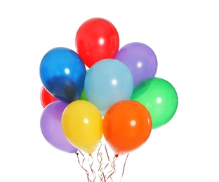 Photo of Bunch of bright balloons on white background