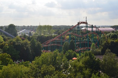 Photo of Amsterdam, The Netherlands - August 8, 2022: Aerial view of Walibi Holland amusement park