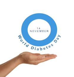 Image of Blue circle as World Diabetes Day symbol and woman against white background, closeup of hand