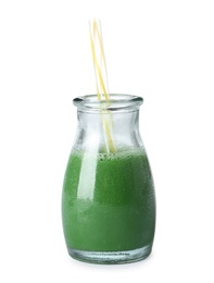 Photo of Fresh wheat grass juice and straw in glass bottle on white background