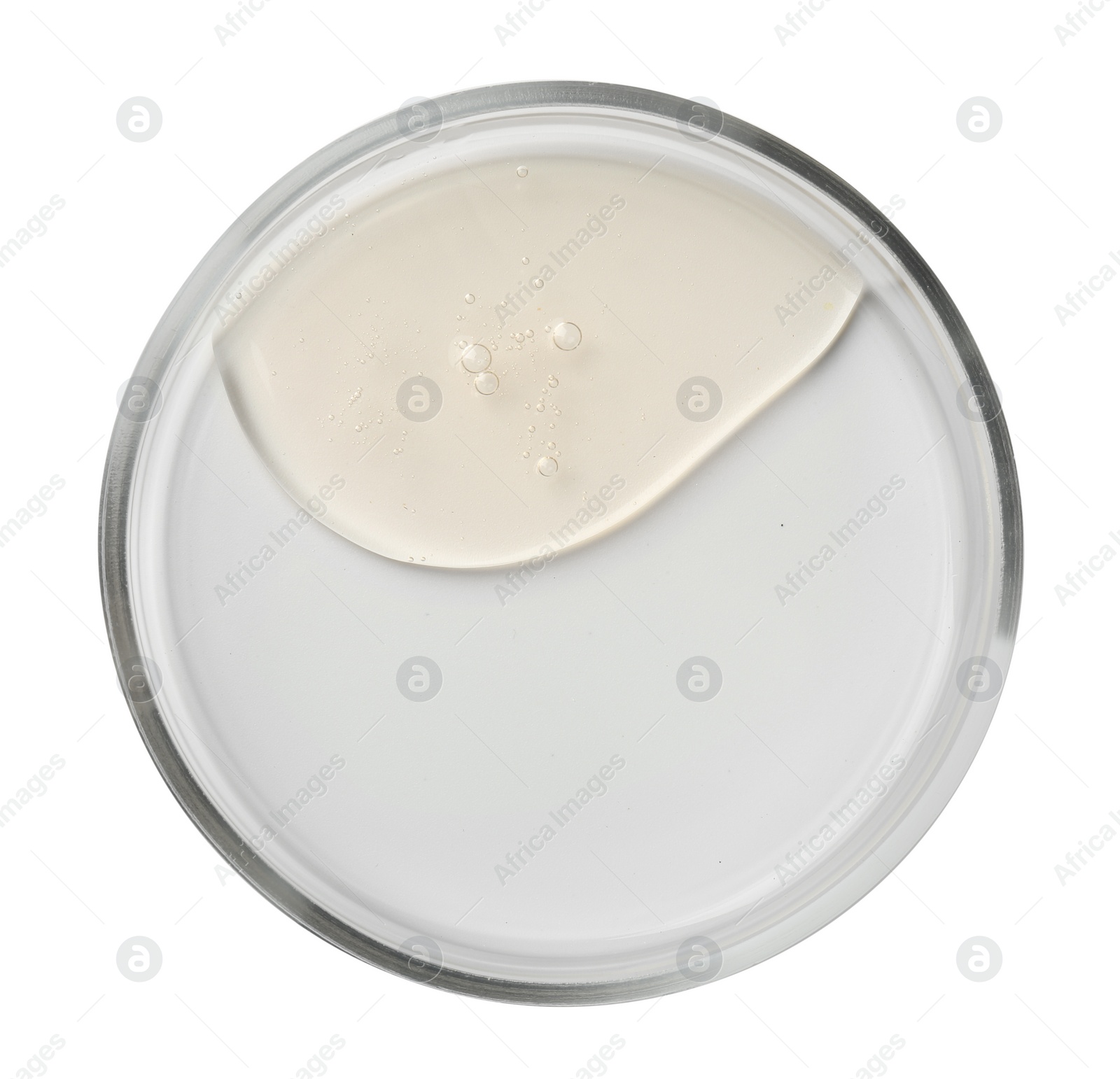 Photo of Petri dish with color liquid sample on white background, top view