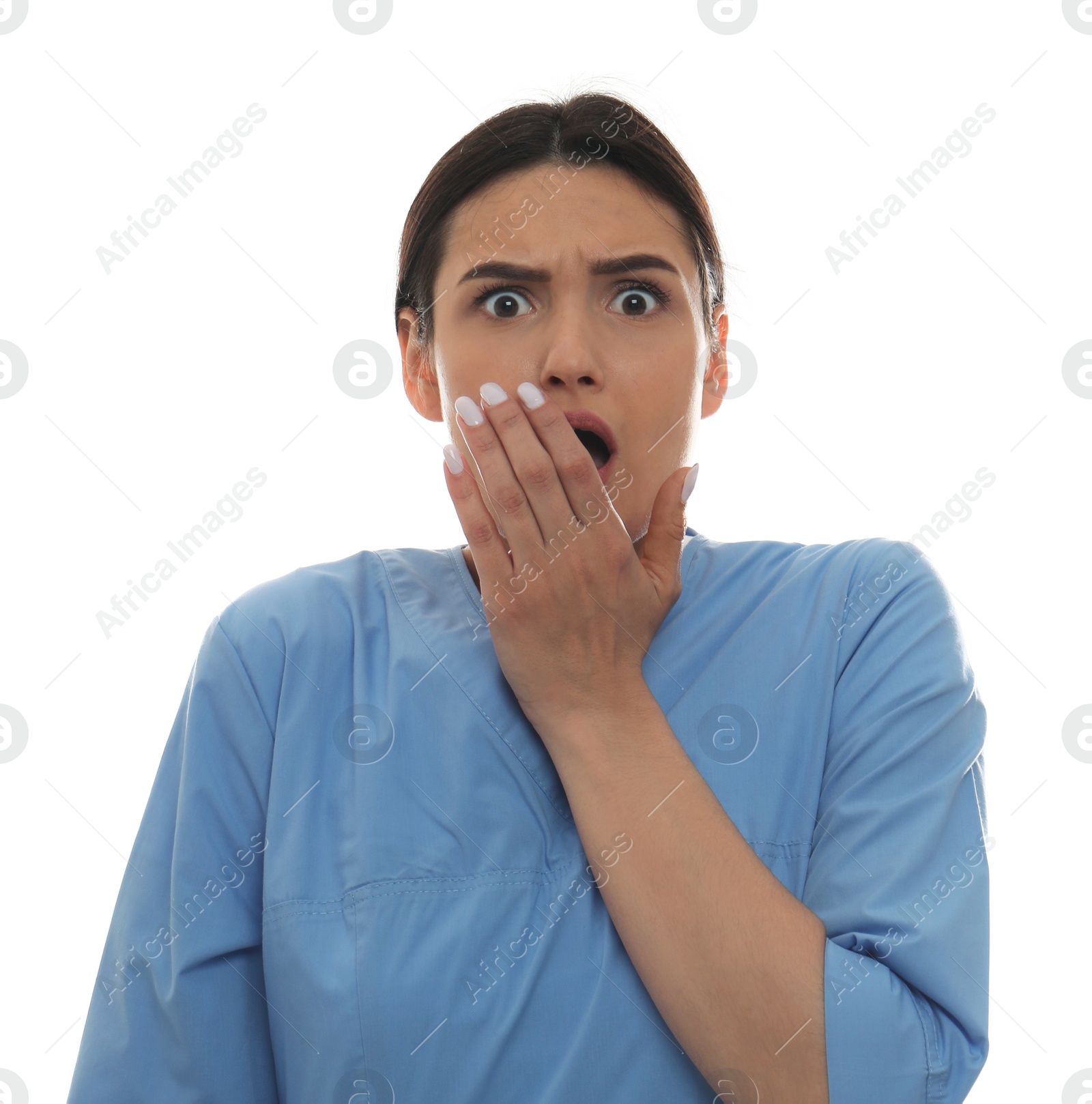 Photo of Portrait of nurse feeling fear on white background